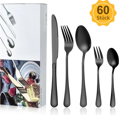 Obrázek produktu pro Sada příborů, 60dílná sada příborů pro 12 osob s nožem vidličkou lžící, příbory z nerezové oceli, leštěné do zrcadla a vhodné do myčky (černá)