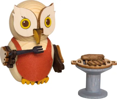 Produktbild von Drechslerei Kuhnert - Mini-Eulen aus Holz - mit Grill - ca. 7 cm groß - als Dekoration oder Geschenk geeignet