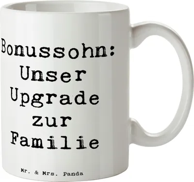 Produktbild von Mr. & Mrs. Panda Teetasse Spruch Bonussohn Wertschätzung - Weiß - Geschenk, Weihnachten, Liebe, Familienzusammenführung, Stiefsohn, cappuccinotasse, Familienmitglied