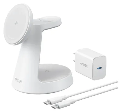 A white 3-in-1 wireless charging stand with a power adapter and cables, presented on a white background.