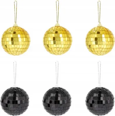 Imagen del producto de Adornos colgantes esféricos DISCOKUGELN, dorados y negros, 7 cm, paquete de 6 unidades.