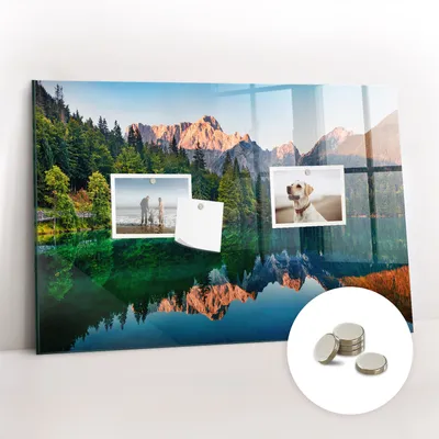 Obrázok produktu pre Magnetická tabuľa na stenu - Memo Tabuľa Sklenená - vrátane 5 magnetov - 60x40 cm - Jazerná krajina