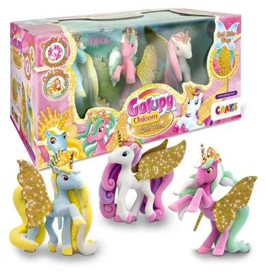 Zdjęcie produktu dla Galupy Unicorn Gold Edition - 3 figurki jednorożca ze złotymi skrzydłami i kryształami Swarovskiego - Zabawka jednorożec