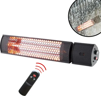 A black infrared heater with a honeycomb grill and glowing heating elements, shown with a remote control and a circular inset image of the heater in use.