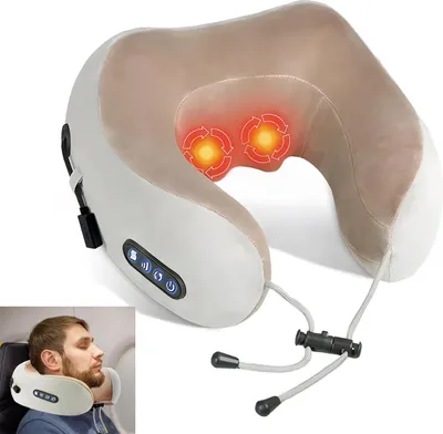 Produktbild von U-förmiges Massagekissen für Nacken, Memory-Schaum, kabellos, 4 Steuerknöpfe, für Auto & Heimgebrauch, Braun