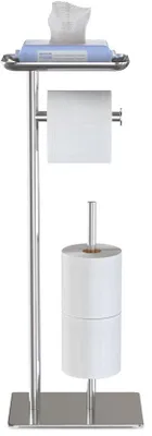 Immagine prodotto di Portarotolo da appoggio con ripiano superiore, portarotolo da terra color argento, portarotolo da terra per 4 rotoli