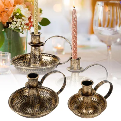 2er-Set Retro-Kerzenhalter aus Eisen, gebogener Griff, Bronze