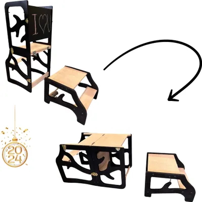 Obrázek produktu pro Učící věž, psací stolek, židle, schůdek, tabule 5v1 montessori černá