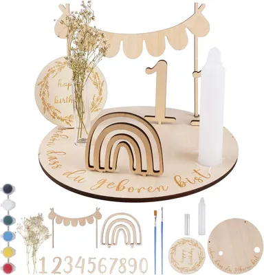Productafbeelding van 1 set houten verjaardagsborden gepersonaliseerde verjaardagskrans, met cijfers 0 - 9, kaarshouder, regenboog, gedroogde bloemen