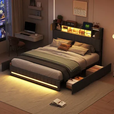Produktbild von CDGlobal Bett 140x200 mit LED und Kopfteil, Polsterbett 140x200 cm mit 4 Schubladen, Doppelbett mit Stauraum und Lattenrost, Stauraumbett Jugendbett Rückenlehne Bettgestell für Erwachsene & Jugendliche, Leinen