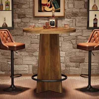Obrázok produktu pre Tribesigns Okrúhly barový stôl, 95 cm vysoký drevený bistro stôl s podstavcom a kovovou opierkou na nohy pre kaviarne, domácnosti, hnedý (len stôl)