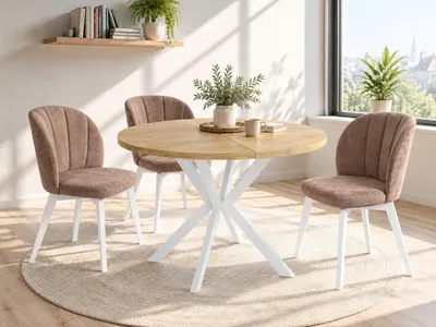 Produktbild von Runder Ausziehbarer Esstisch für 8-12 Personen - Loft Style Tisch mit Weißen Metallbeinen - 120 bis 200 cm - Industrieller Tisch für Wohnzimmer - Spacesaver - Lancelot Eiche - 120 cm