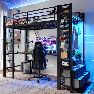 Produktbild von Hochbett, 90 x 200cm, Eisenrahmen Mit Schreibtisch, Mit Trockenstab, Mit Einlegeböden, 4 Schubladen, Mit USB+TYPE-C Steckdose, LED-Leiste, Geländer, Trittleiter, mit Lochbrett, ohne Matratze, schwarz