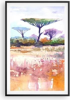 Produktbild von Gerahmtes Poster - Schwarzer Rahmen - Aquarell Savanne Bäume - 61x91,5 cm - Wand Bild - Wanddeko - Wandbilder - Kunstposter - Wandposter - Bilderrahmen - Bilder - Kunstdruck - P2BPA61x91-4484