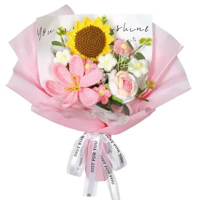 Productafbeelding van Inovra- Bloemenboeket Handgemaakt - Kunstbloemen Boeket - Kunstbloemen Voor Binnen/Buiten - Gehaakte Roos/Zonnebloem - Duurzaam - Roze Verpakking