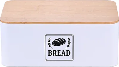 Produktbild von Relaxdays Brotkasten, Bambusdeckel, Metall, HxBxT: 13,5 x 33 x 19 cm, Retro Brotaufbewahrungsbox, Brotbehälter, weiß