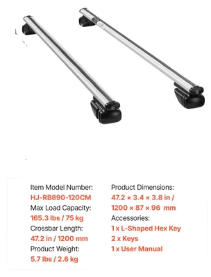 Zdjęcie produktu dla Bagażnik dachowy, poprzeczka, aluminiowa, zamykana na klucz, aerodynamiczna, długość 120 cm