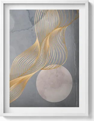 Produktbild von Abstrakte Illustration des Mondes mit Gold– Wandbild mit Rahmen – Gerahmtes Bild  – Wanddekoration – 60x80 cm –  Weiß Rahmen