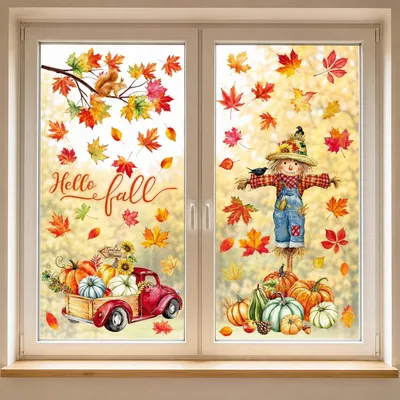 Produktbild von 61 Stück Fensterbilder Herbst, Fensteraufkleber Selbstklebend Herbstdeko | Wiederverwendbar Fenstersticker, Herbst Fensterdeko, Ahornblätter Kürbis