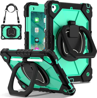 Image de Etui pour iPad 9,7 6th/5th Gen 2018/2017, étui de protection durable et portable avec support, dragonne et bandoulière noir Turquoise