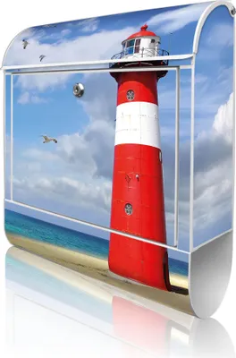 Produktbild von banjado Design Briefkasten Stahl weiß mit Zeitungsfach pulverbeschichtet "Leuchtturm Westkapelle" 38x46x12,5cm & 2 Schlüssel - Postkasten A4 Einwurf inkl. Montagematerial [BKW 11244]