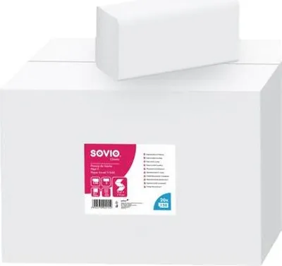 Obrázok produktu pre Papierové utierky, biele, 2-vrstvové, skladané do V, 150 útržkov, 21 x 25 cm, 20 balení, SOVIO PP20869/PP21096