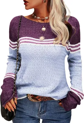 Produktbild von AKSA Damen Strickpullover Pullover Herbst Winter Langer Oversize Pulli Sweater Langarm Duenne Elegant Rundhals Sweatshirt Casual Winterpullover,Hellblau,XL