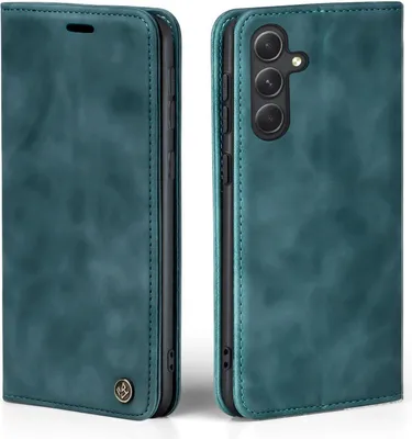 A teal flip cover phone case for a Samsung Galaxy A55 5G is shown from the front and back.