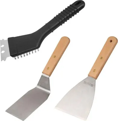 Image de Ensemble 3 Ustensiles Plancha Professionnels Fackelmann, 2 Spatules, 1 Racloir 22 cm, Bois de Hêtre et Acier Inoxydable