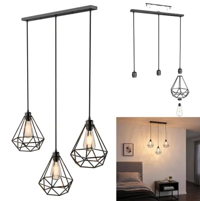 Produktbild von XINZI 3-flammige Vintage Pendelleuchte Industriedesign Mattschwarz Metall höhenverstellbar bis 150cm Warmweiß Rechteck Basis für Esszimmer Küche