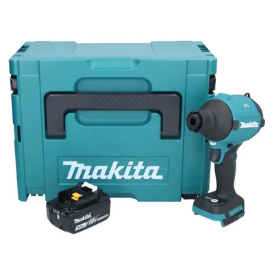 A teal Makita impact driver, battery, and storage case are displayed against a white background.