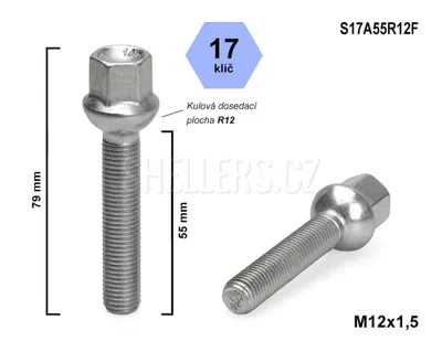Obrázek produktu pro Kolový šroub M12x1,5x55 kulový R12, klíč 17, S17A55R12F, výška 79 mm