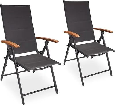 Produktbild von 2er Set Gartenstühle Verona - Faltstühle klappbar | 7-Fach verstellbare Rückenlehnen - wetterfeste Klappstühle mit Polsterung und Holz Armlehnen - Anthrazit