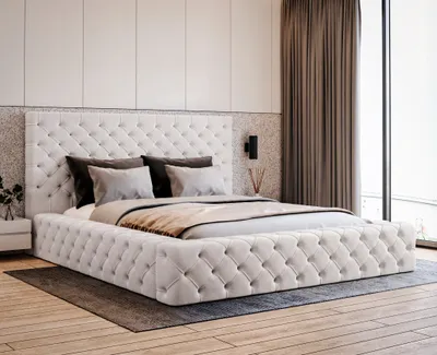 Produktbild von Polsterbett 180x200 Amor mit Bettkasten, Lattenrost - Chesterfield Doppelbett Samtstoff (Creme - Elegance 1)