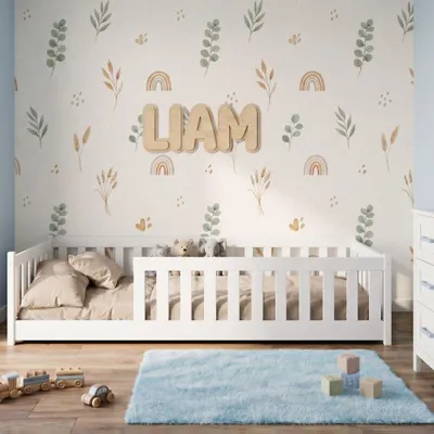 Produktbild von Kinderbett BELY 90x200 cm mit Rausfallschutz Bodenbett Holzbett aus Kiefer - Weiß