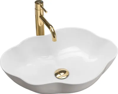 A white oval sink with a gold faucet and drain.