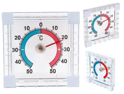 Zdjęcie produktu dla Termometr zaokienny zewnętrzny samoprzylepny okno kwadratowy bimetaliczny na szybę przezroczysty 75x75 mm