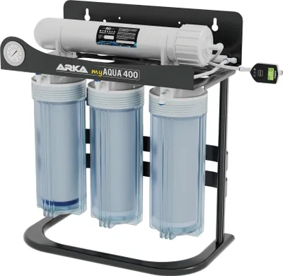 A water filtration system with multiple filter cartridges and a main filter housing, mounted on a black metal stand.