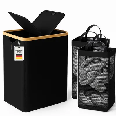 Produktbild von Roxlin Wäschekorb 150L mit 2 herausnehmbaren Wäschesäcken – Großer faltbarer Wäschesammler mit Deckel, Bambusrahmen & wasserdichtem Stoff – Ideal für