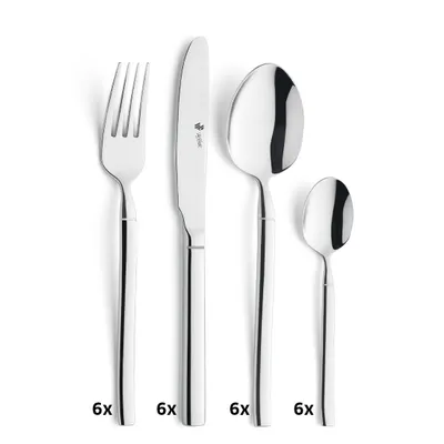A set of four stainless steel cutlery pieces arranged on a white background.