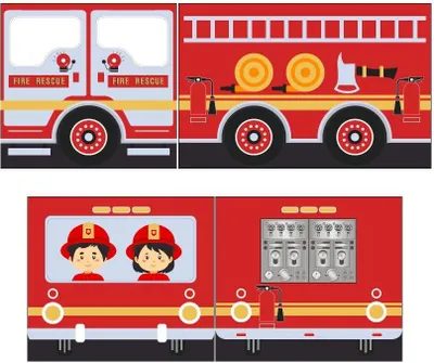 A collage of four images showing different views of a cartoon fire truck, including its side, front, back, and interior control panel.