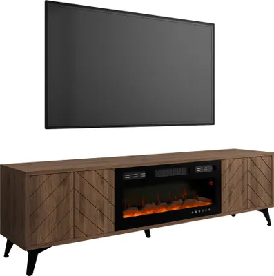 Produktbild von MIRJAN24 TV-Lowboard Xylix Bis 2D EF mit Kamin, TV-Schrank, Wohznimmer Schrank mit zwei Drehtüren und Schublade, Griffe und Füße aus Metall in der Farbe Gold (Farbe: Nuss Okapi)
