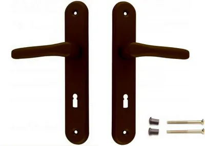 A pair of brown door handles with escutcheons and screws on a white background.