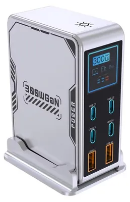 Produktbild von 300W GaN USB-C Ladegerät 6-Port Schnellladegerät mit Display 4x USB-C PD3.0 2x USB-A Mehrfach Ladestation, EU-Stecker