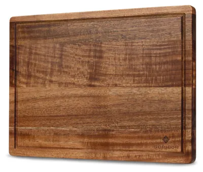 Image de Planche à découper en bois d'acacia avec rainure pour recueillir les jus et poignées - 42x30x2,5 cm