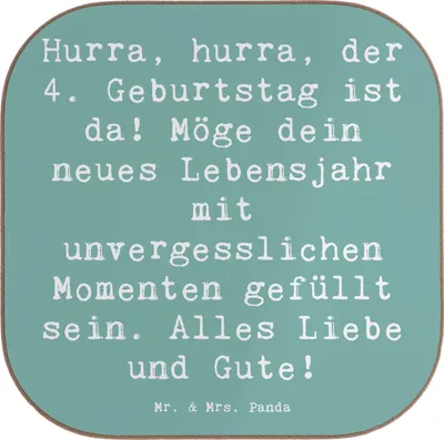 Produktbild von Mr. & Mrs. Panda Untersetzer Glas Spruch 4. Geburtstag Feiern - Meeresbrise - Geschenk, Geburtstagsgeschenk, Geburtstagsfeier, vierter, Happy Birthday, Gläser, Alter 4