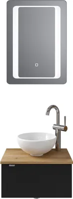 Produktbild von Pelipal Serie 6915 SET-044-097 Block bestehend aus: Keramik-Aufsatzbecken, Waschtischplatte, Waschtischunterschrank, LED Spiegel