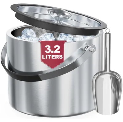 Eiskübel 3,2 L, doppelwandig, isoliert, Edelstahl, mit Deckel und Schaufel