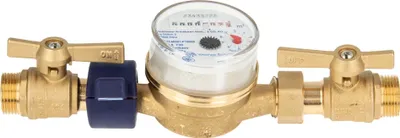 Produktbild von Einstrahlzähler ETK Kombi-Set (Kaltwasser) bis 30 Grad Länge 110 mm, inkl. Kugelhähne MS blank 1/2 Zoll AG, Plombierschelle