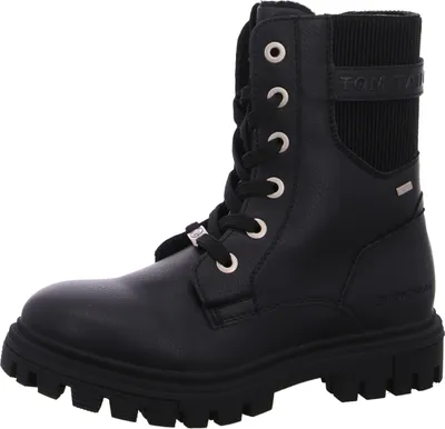 A studio shot of a single black boot.